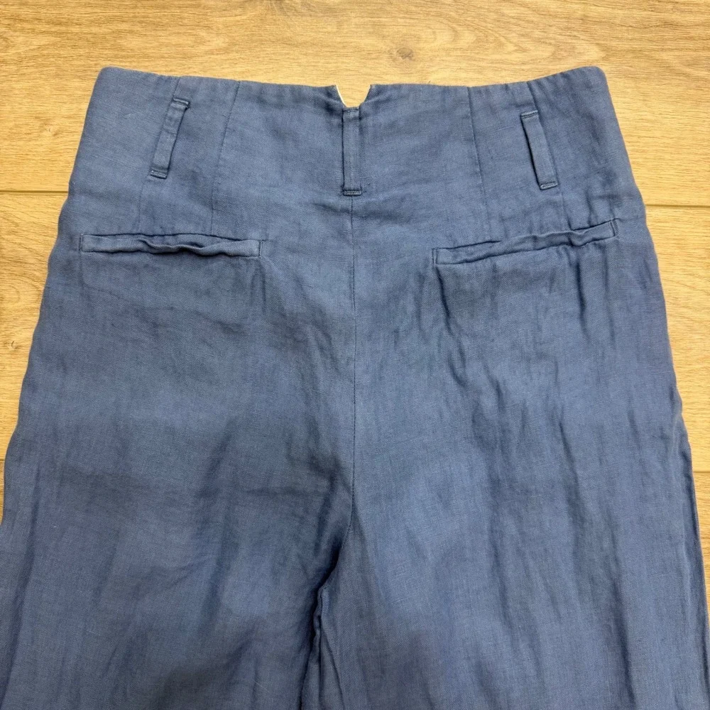 Zara Blue Linen Ultra High Waisted Wide Leg Pleated Trousers Pants Scandi Size S